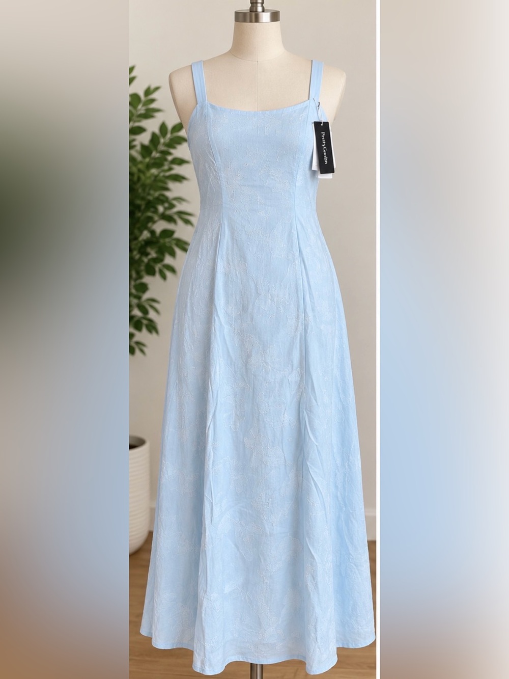 PrettyGarden Light Blue Floral Maxi Sundress Smocked Back NWT
